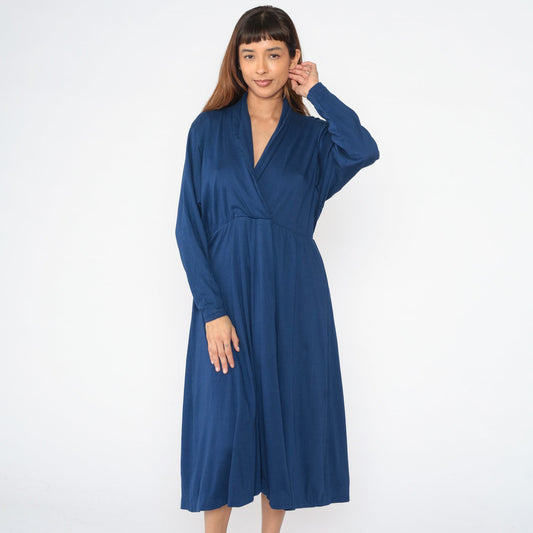70s Dark Blue Wrap Midi Dress High Waist Surplice Long Sleeve Large 12
