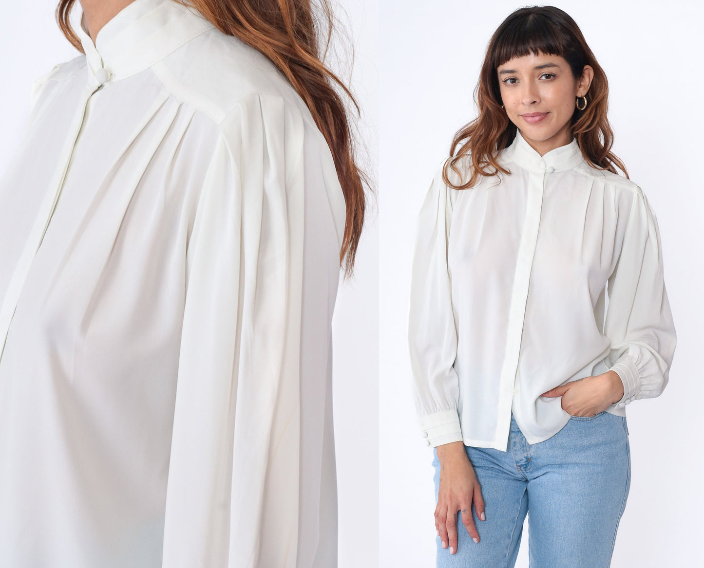 80s White Puff Sleeve Blouse Pleated Mandarin Collar Hidden Button Semi-Sheer Medium