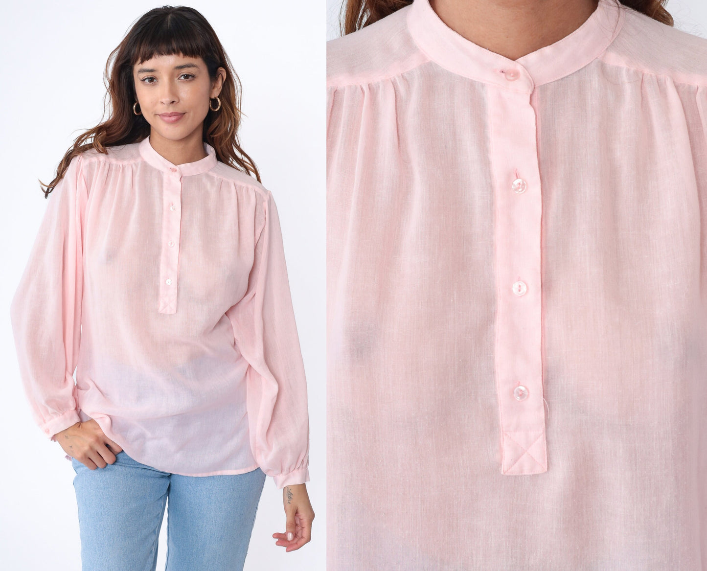 80s Sheer White Blouse Puff Sleeve Collared Button-Up Medium