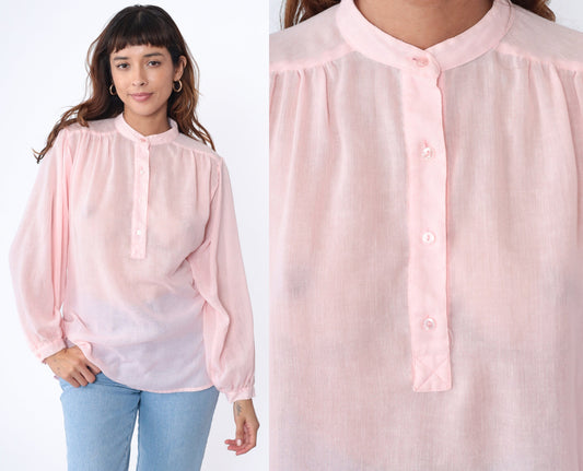 80s Sheer White Blouse Puff Sleeve Collared Button-Up Medium