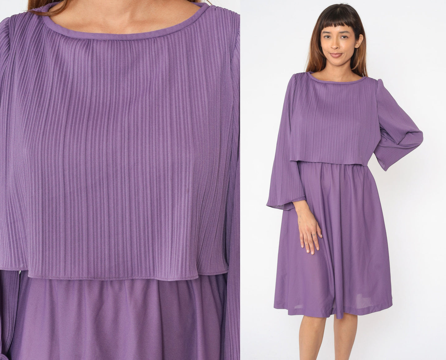 70s Purple Midi Dress Knife Pleated High Waist Bell Sleeve Small Medium