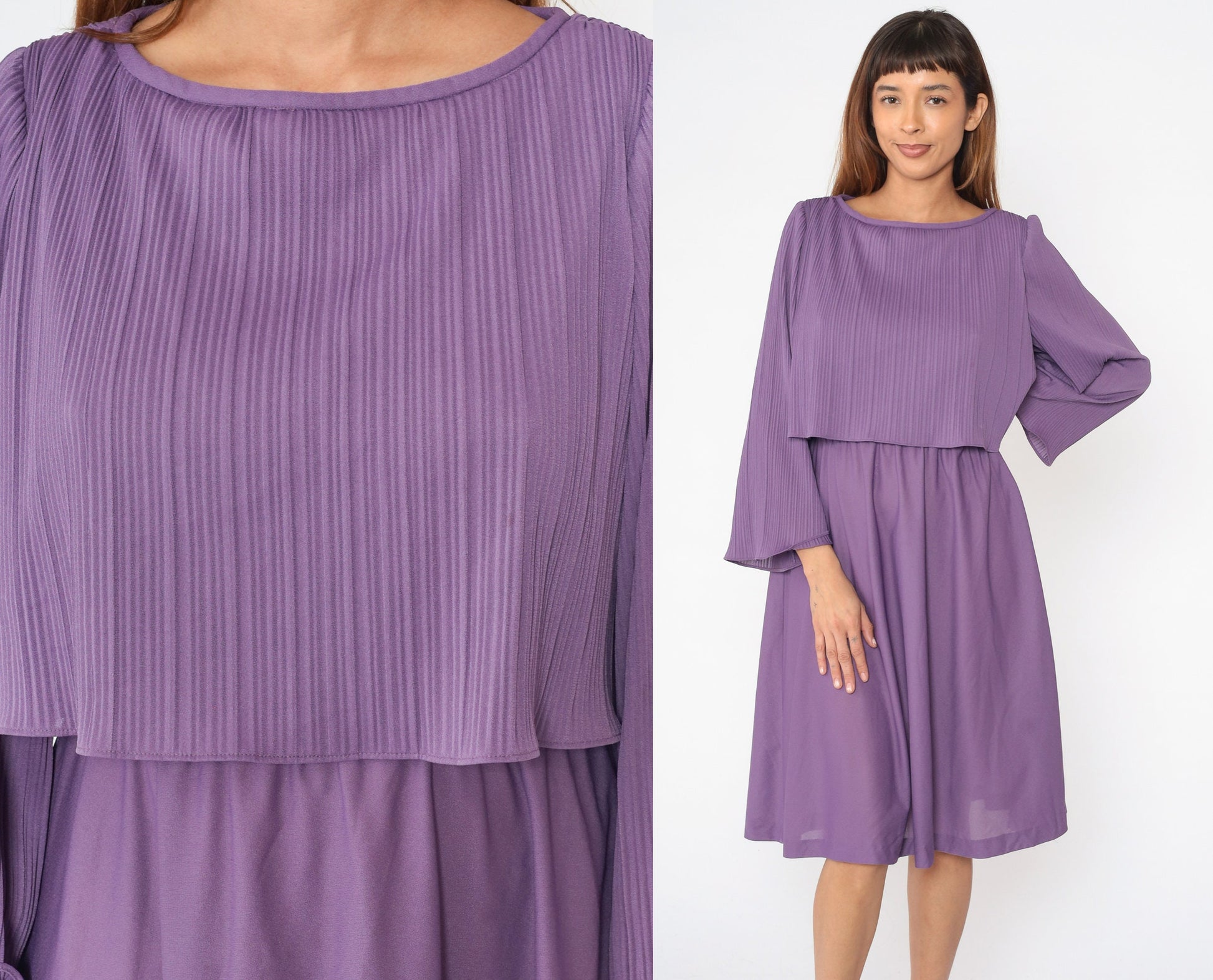 70s Purple Midi Dress Knife Pleated High Waist Bell Sleeve Small Medium