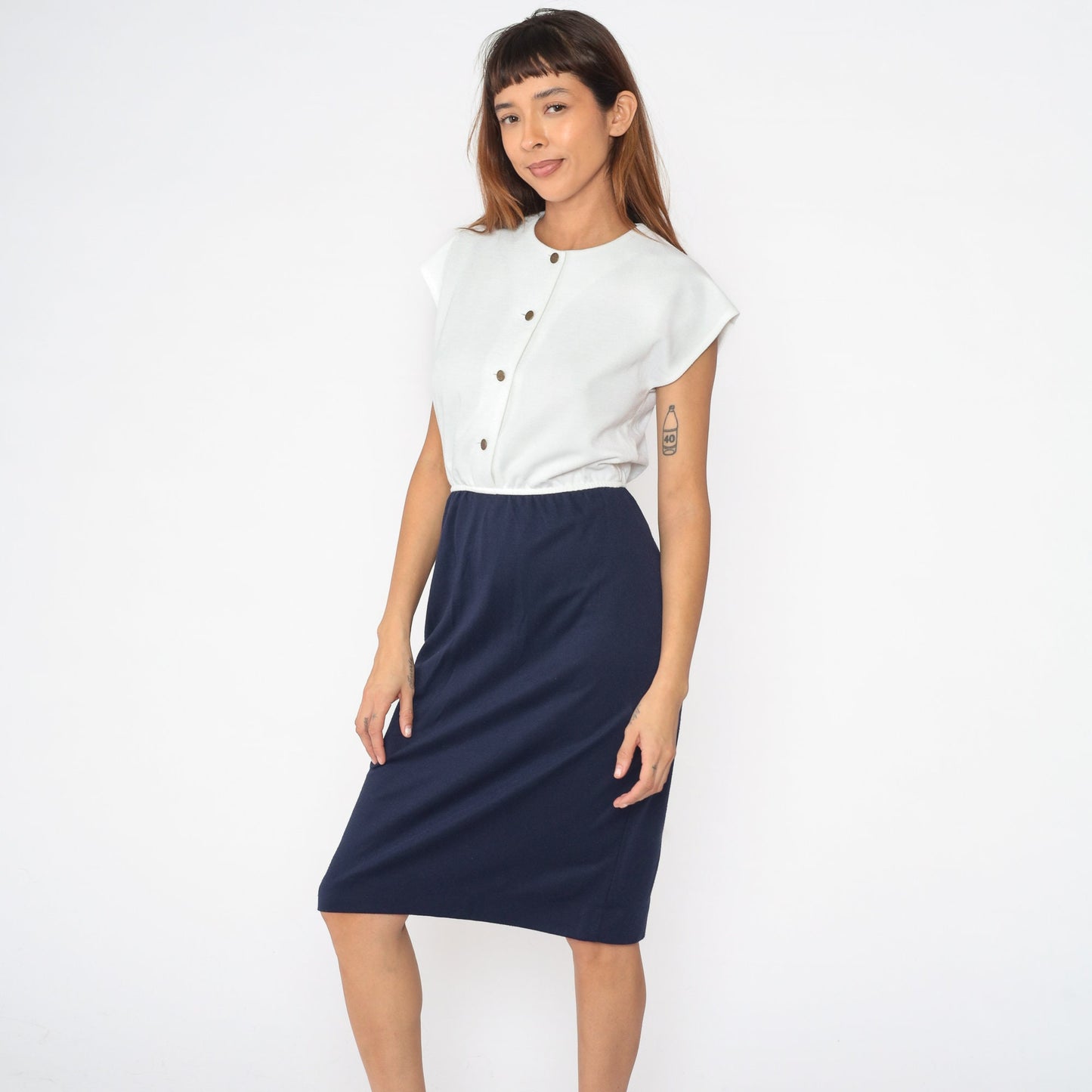 80s Leslie Fay Navy White Button-Up Midi Dress Cap Sleeve Small