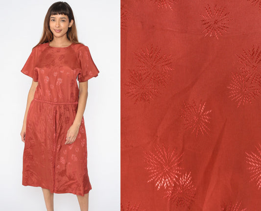 70s Rust Floral Embroidered Midi Dress Elastic Waist Raglan Medium