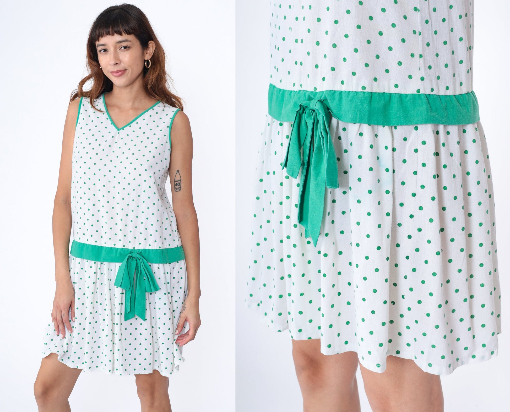 80s White Green Polka Dot Drop Waist Mini Dress V Neck Bow Small
