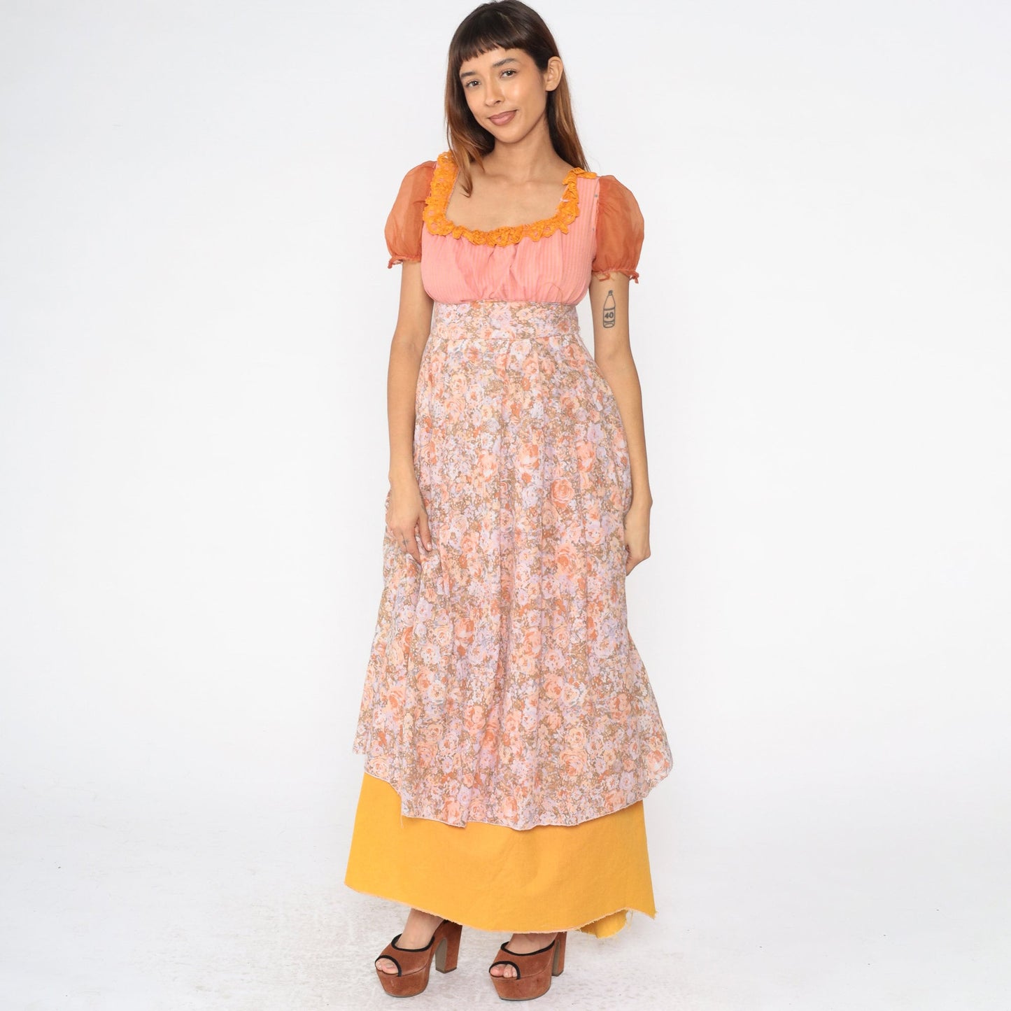 1970s Floral Maxi Dress Puff Sleeve Empire Waist Pink Orange Striped Small