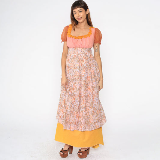 1970s Floral Maxi Dress Puff Sleeve Empire Waist Pink Orange Striped Small
