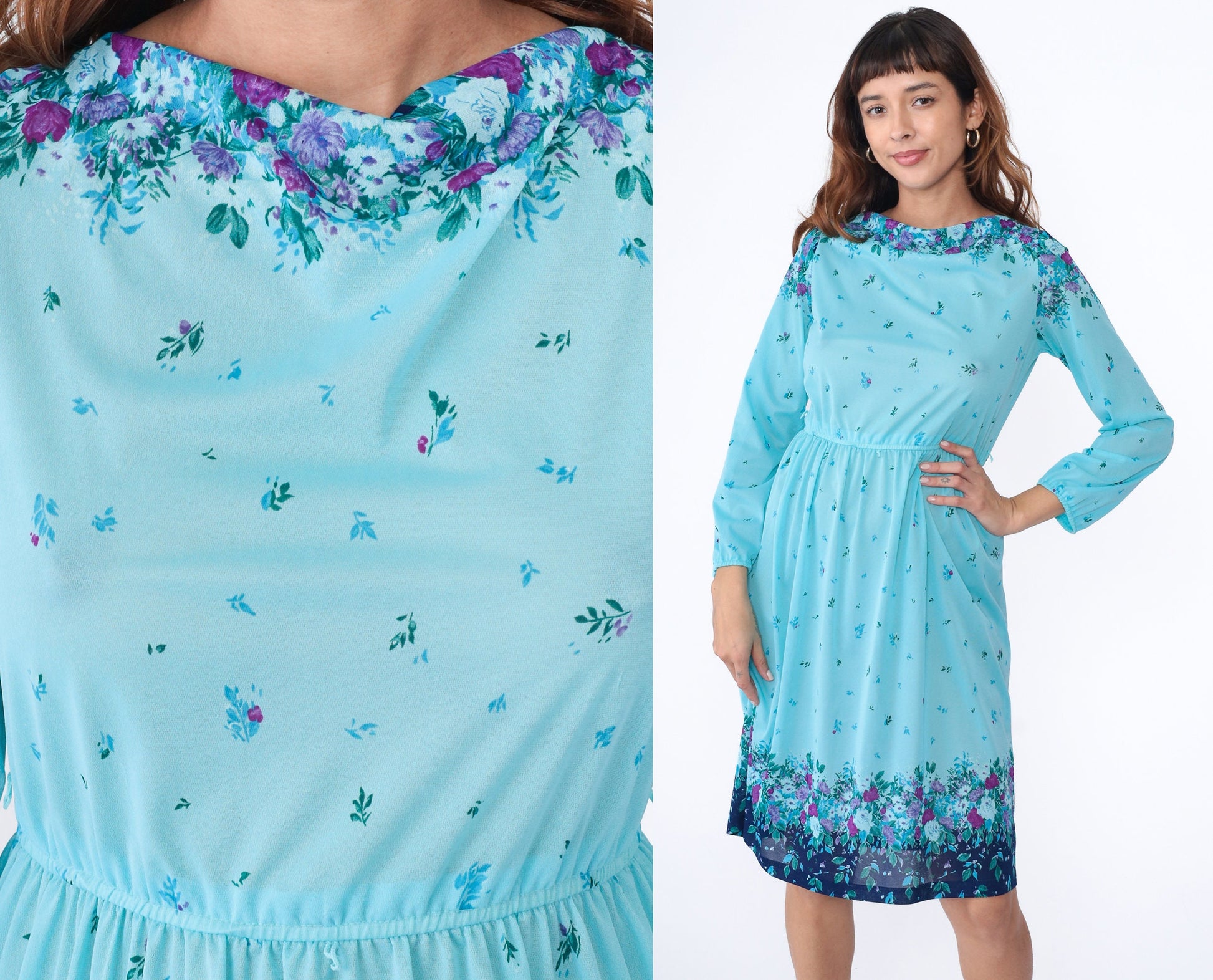 70s Blue Floral Midi Dress Cowl Neck High Waist Long Sleeve Small