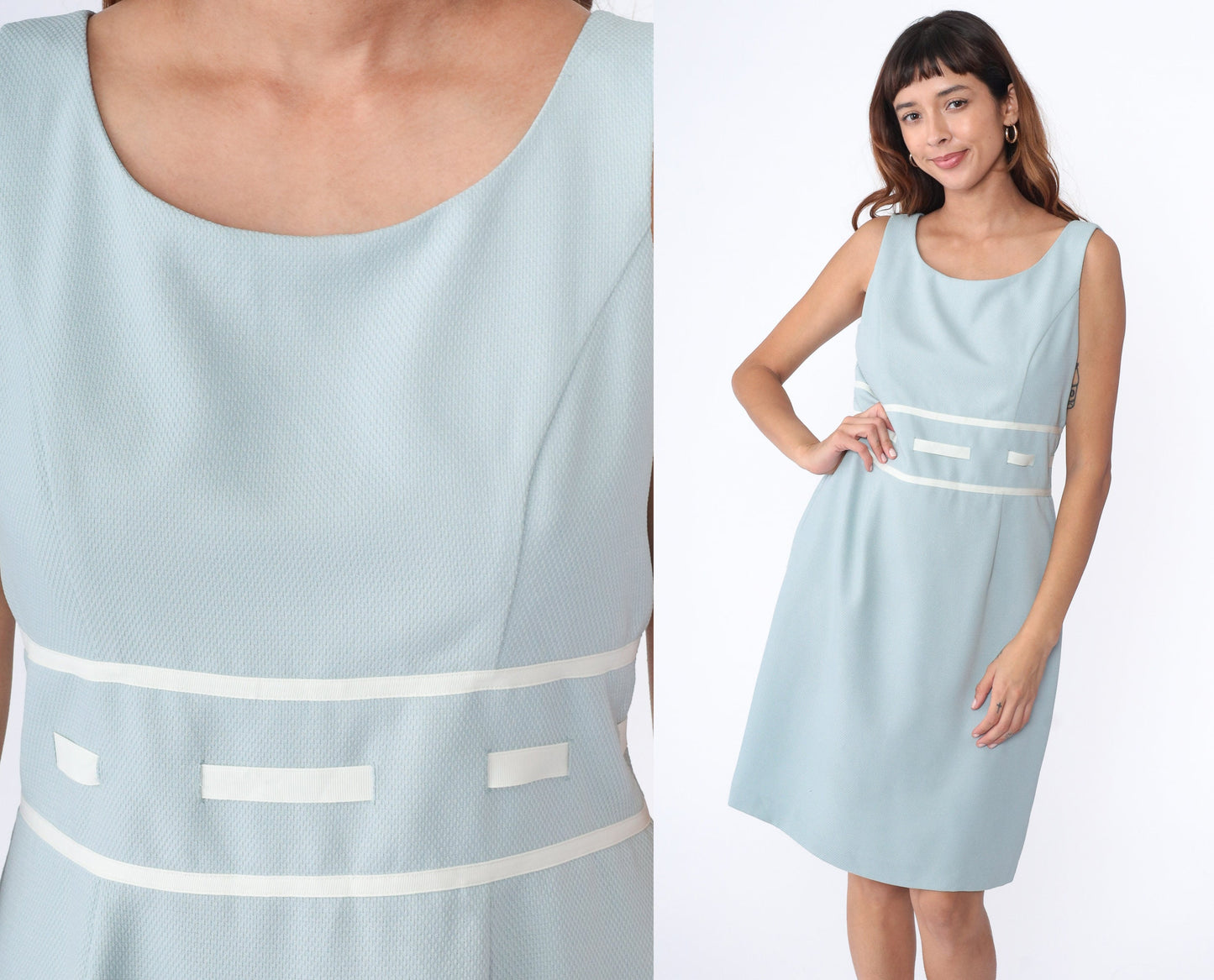 00s Ice Blue Sheath Dress Sleeveless Knee-Length Ribbon Trim Large 12