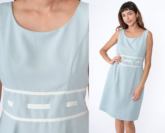 00s Ice Blue Sheath Dress Sleeveless Knee-Length Ribbon Trim Large 12