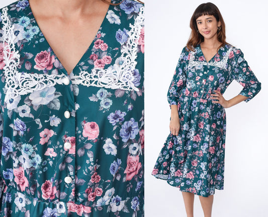 80s Floral Midi Dress Lace Collar Puff Sleeve Green Rose Print High Waist Large