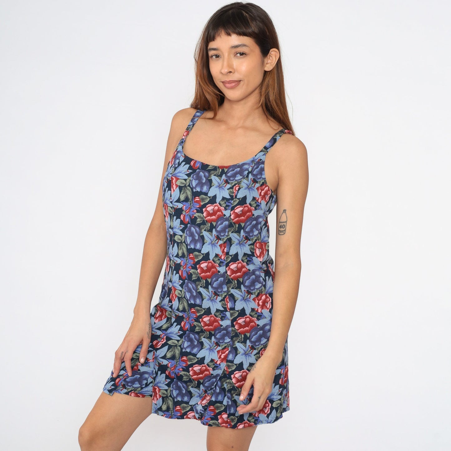 90s Impressions Tropical Floral Romper Blue Spaghetti Strap Playsuit Medium