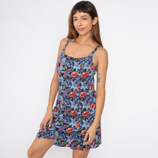 90s Impressions Tropical Floral Romper Blue Spaghetti Strap Playsuit Medium