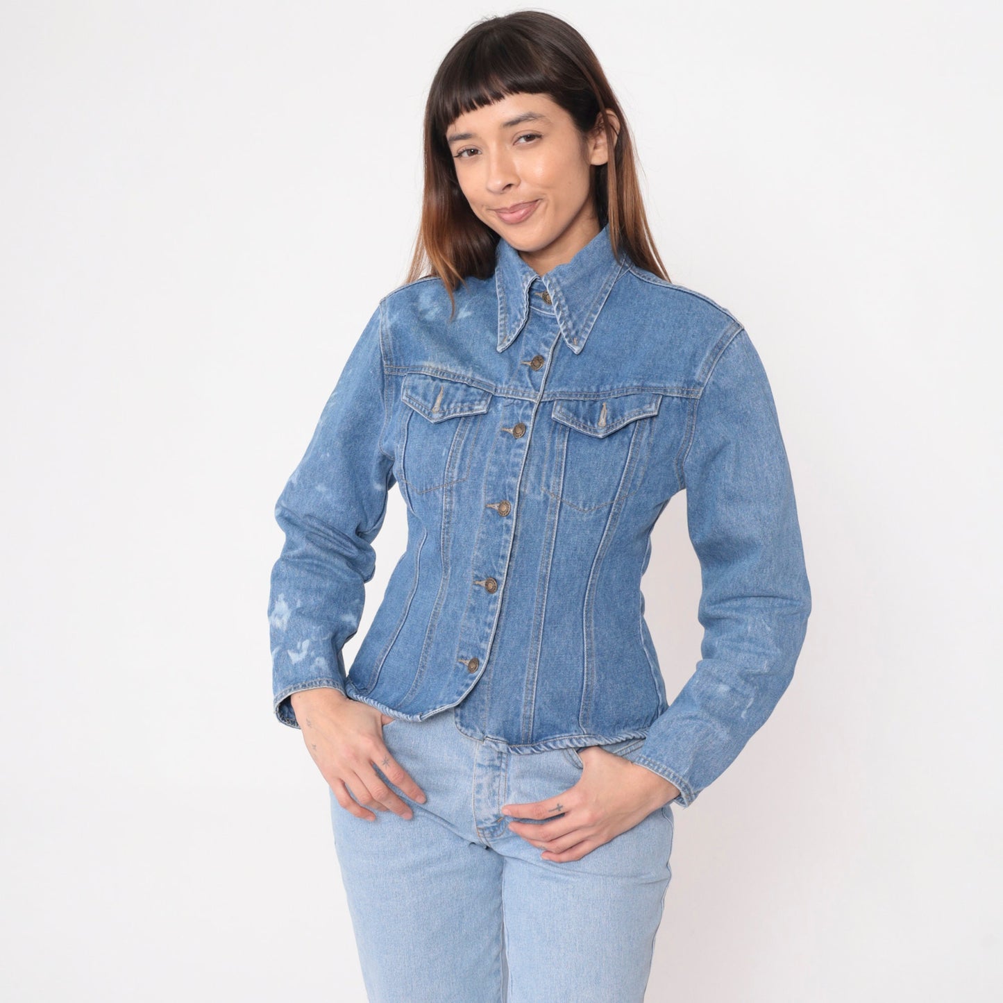 90s Baccini Bleach Splatter Denim Jacket Fitted Blue Stone Wash Small
