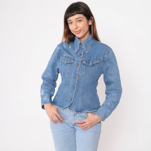 90s Baccini Bleach Splatter Denim Jacket Fitted Blue Stone Wash Small