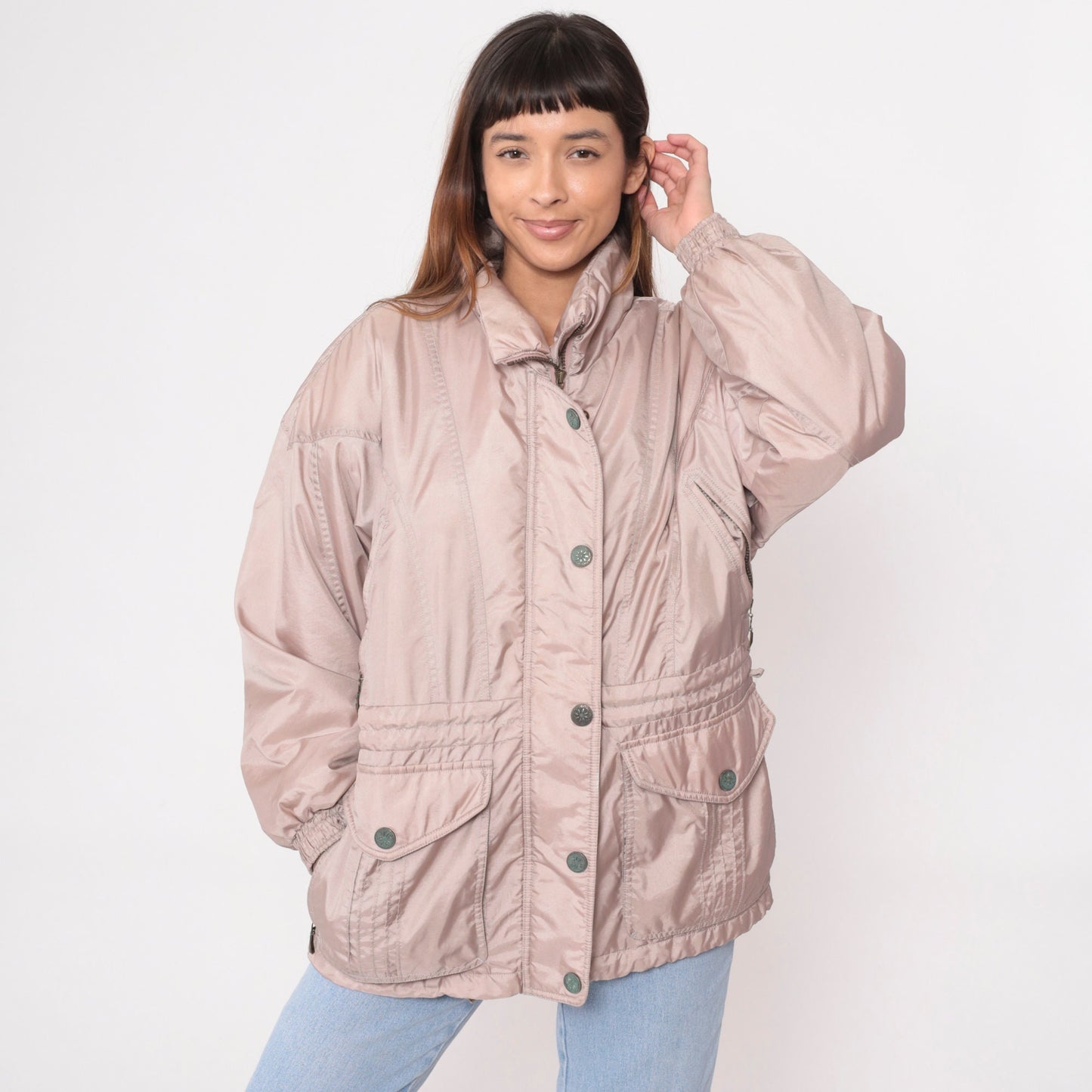 90s Mauve Puffer Ski Jacket Nylon Embroidered Drawstring Waist Large L