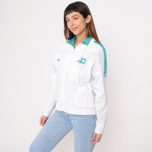 90s Reversible Windbreaker White Turquoise Mesh Trim Jacket Medium
