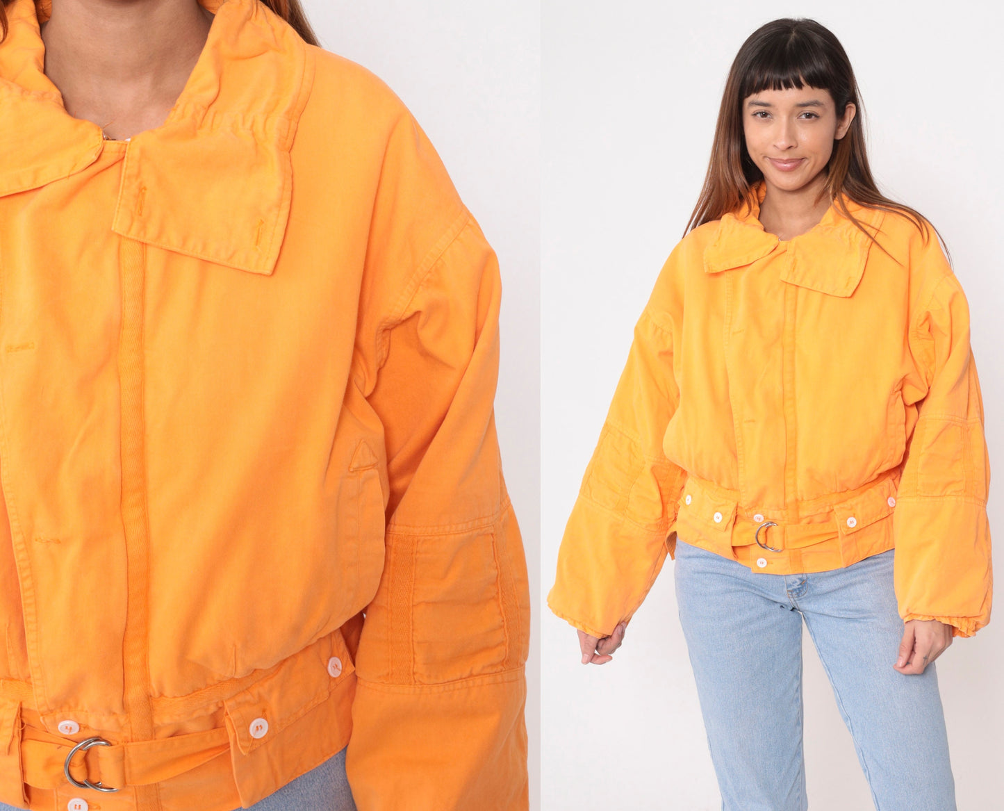90s Orange Cotton Puffer Jacket Zip Cargo Pockets Small S