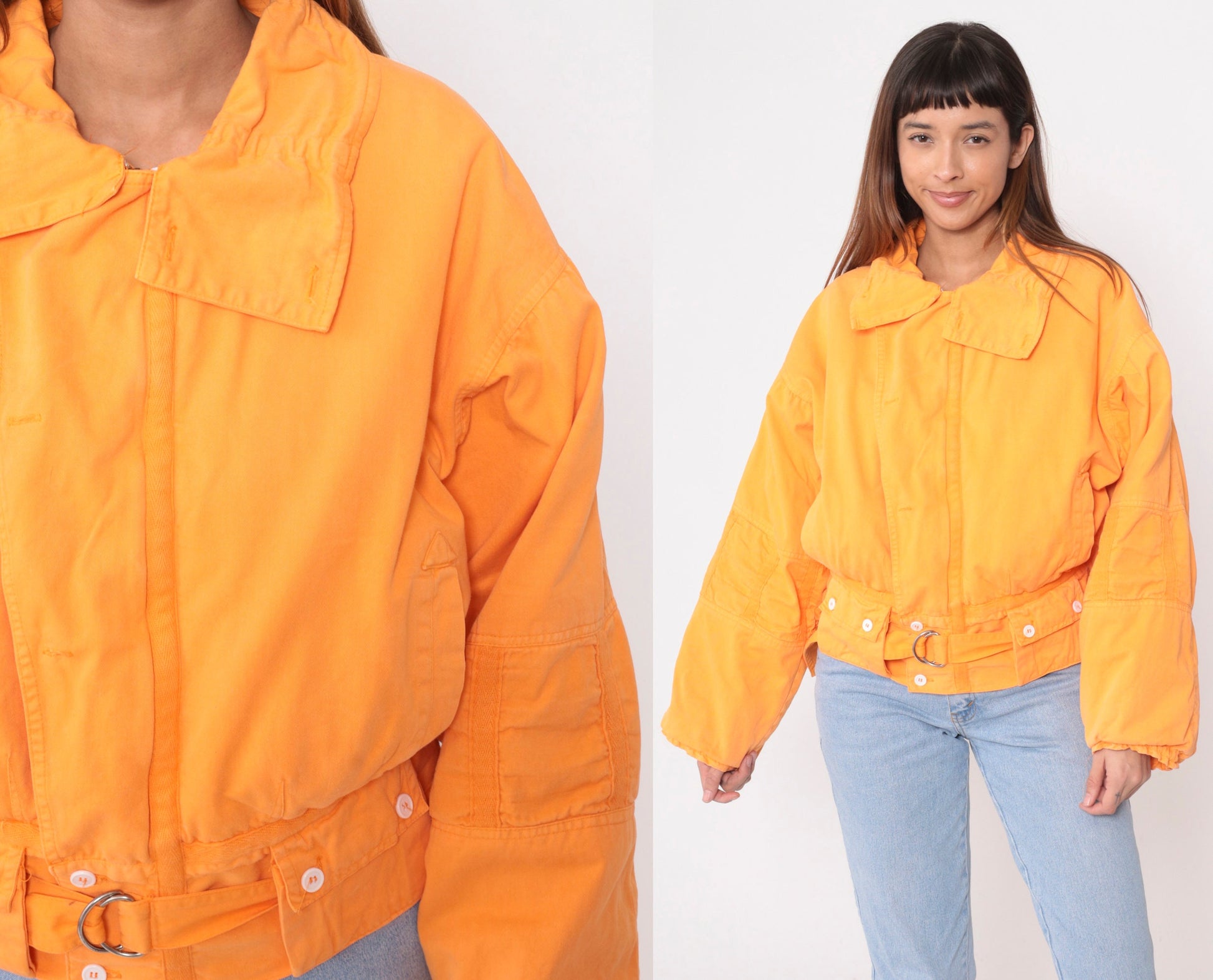 90s Orange Cotton Puffer Jacket Zip Cargo Pockets Small S
