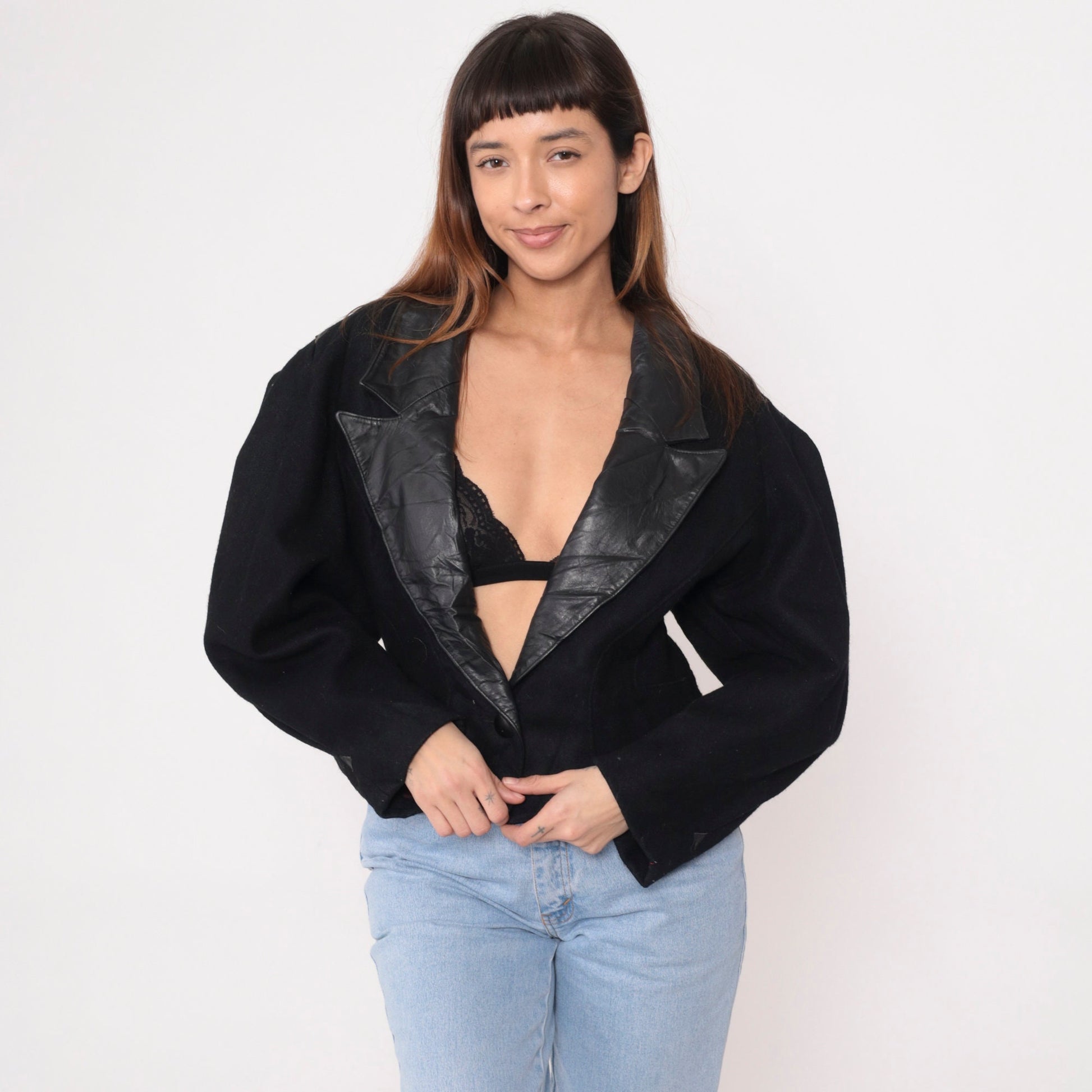 80s Jonathan Stevens Black Wool Blazer Leather Collar Deep V Neck Large L