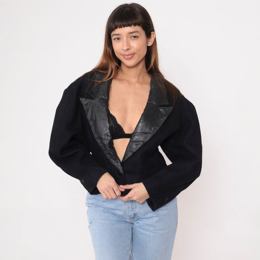80s Jonathan Stevens Black Wool Blazer Leather Collar Deep V Neck Large L