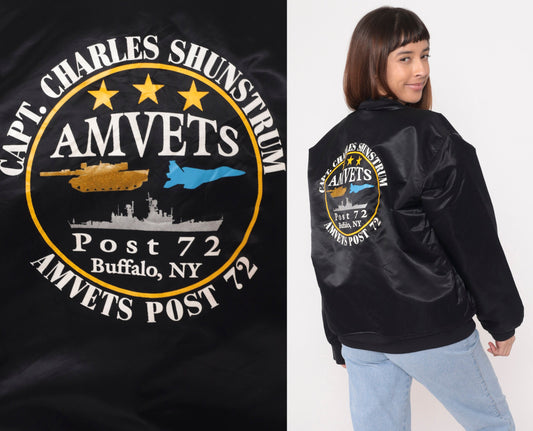 90s AMVETS Bomber Jacket Black Nylon Satin Snap Buffalo NY Large