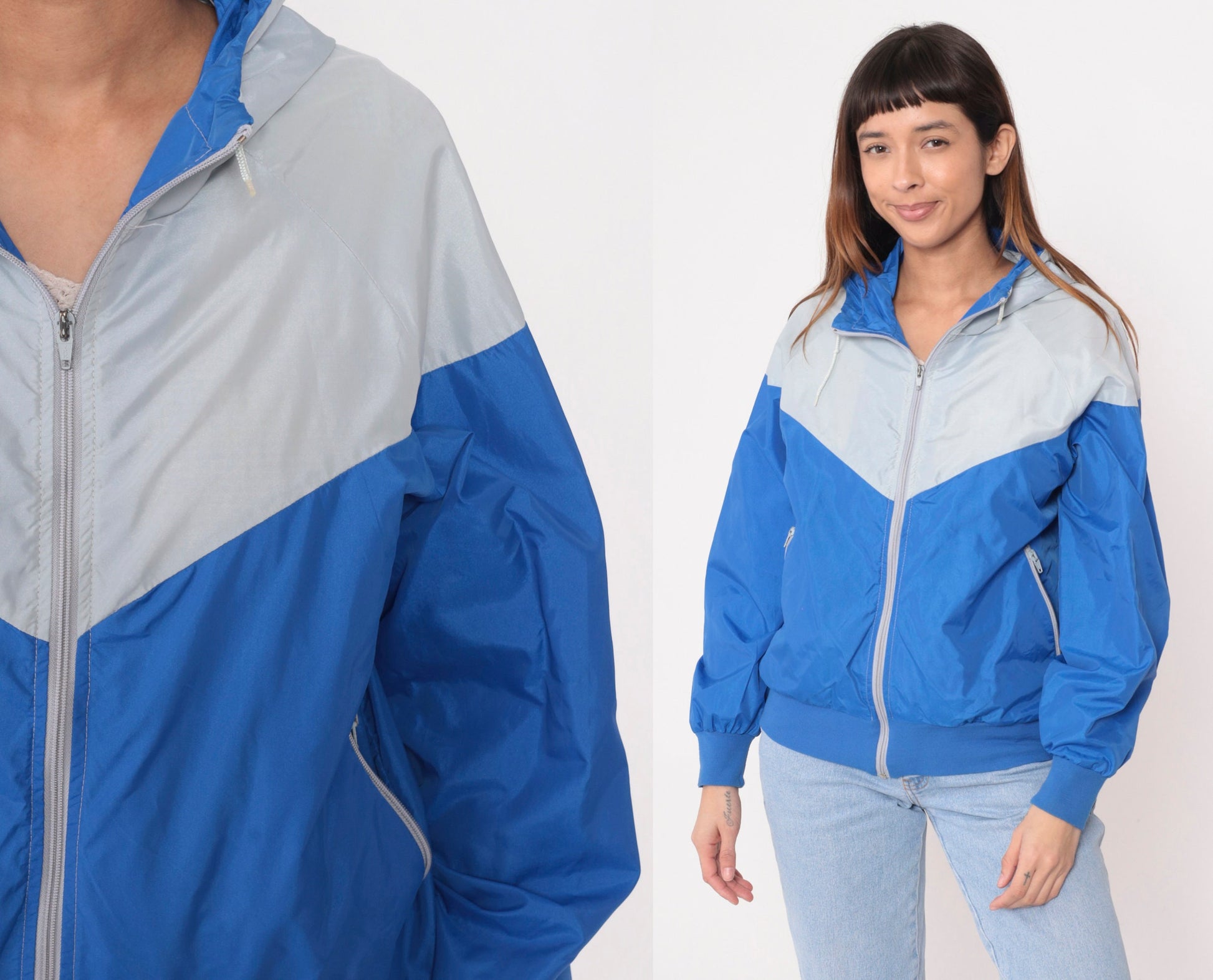 80s Nike Colour Block Hooded Windbreaker Grey Blue Raglan Medium Large