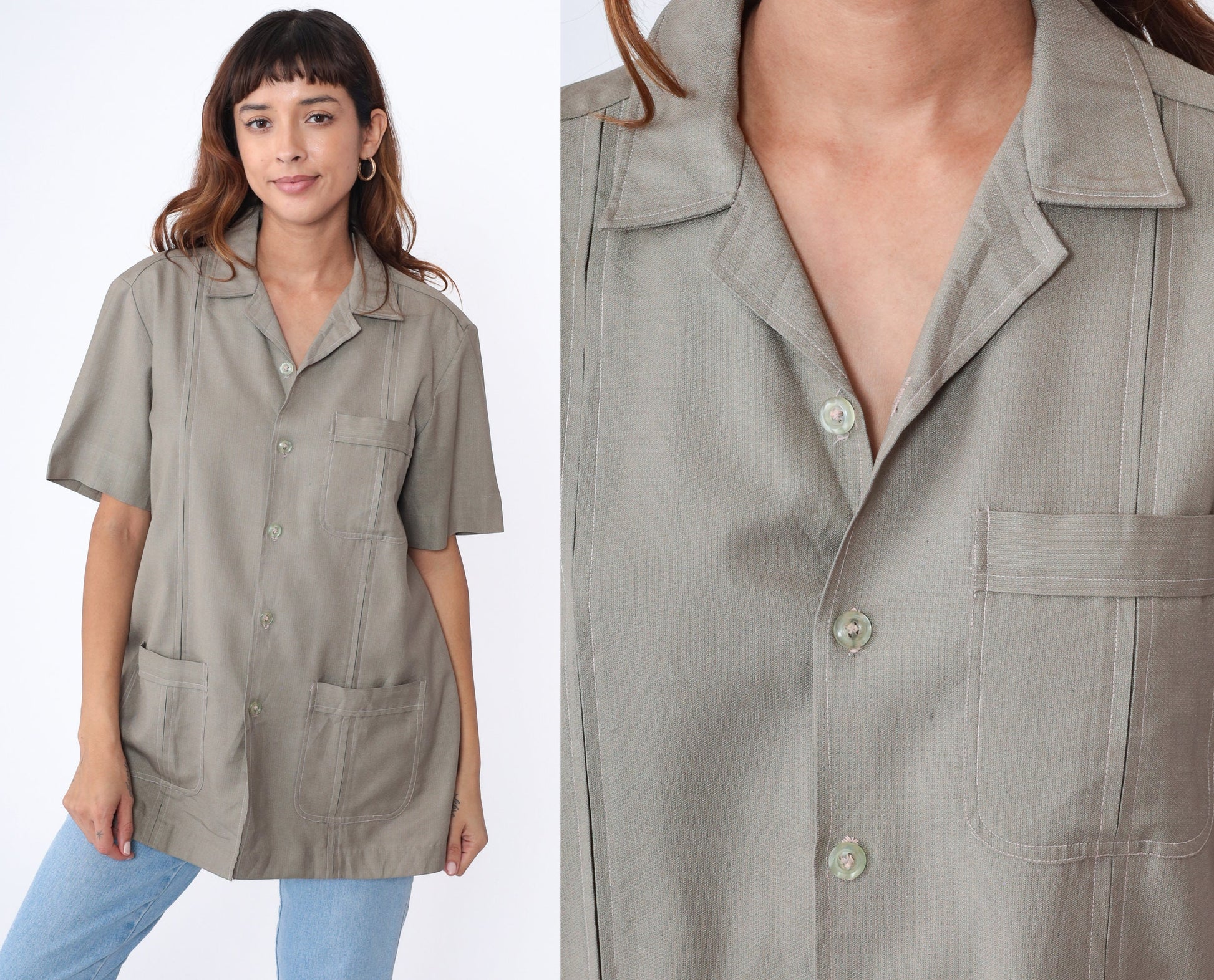70s Taupe Wool Blend Button-Up Shirt White Topstitching Men's Medium
