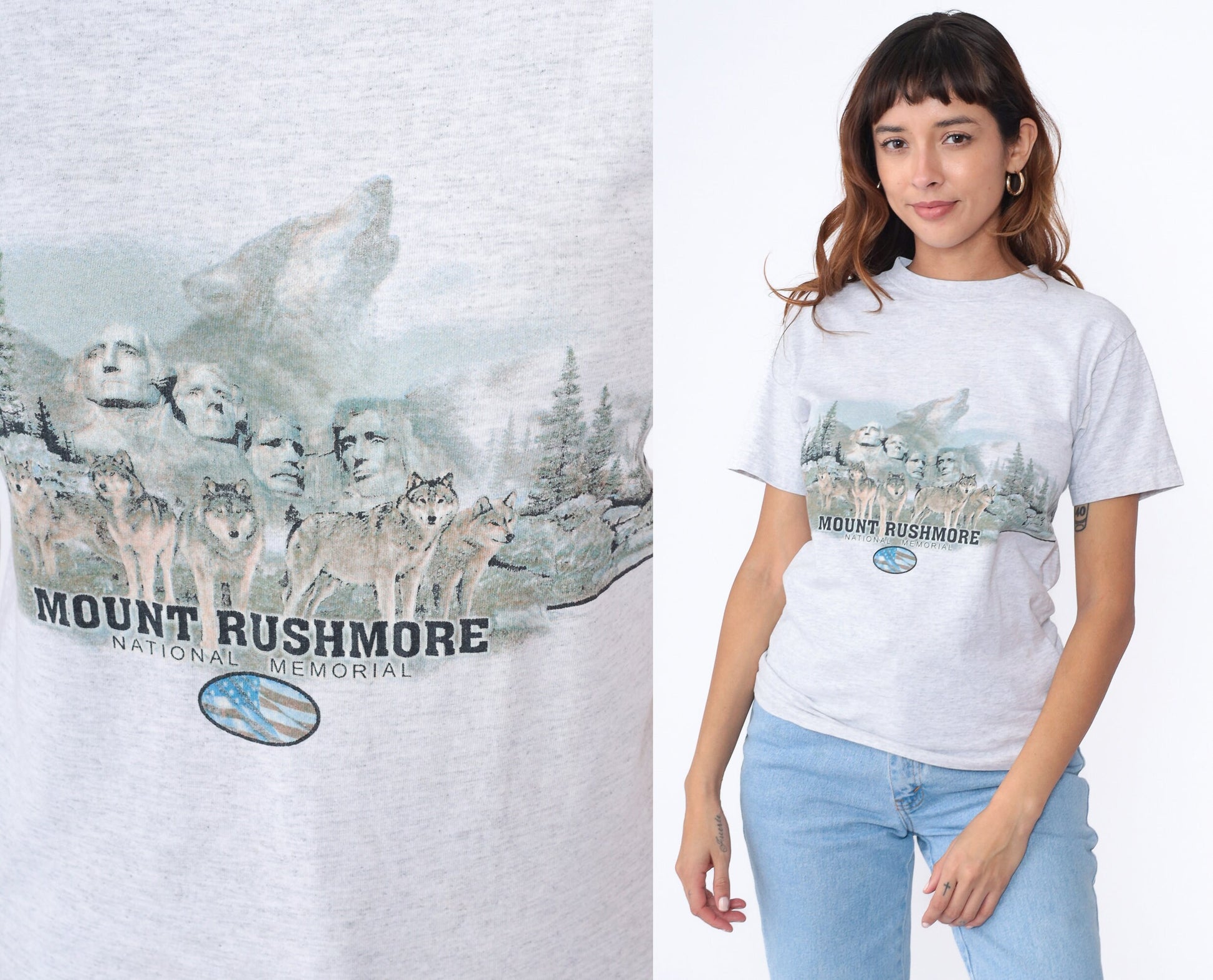 90s Mount Rushmore Wolf Pack Graphic Tee South Dakota Heather Grey Small