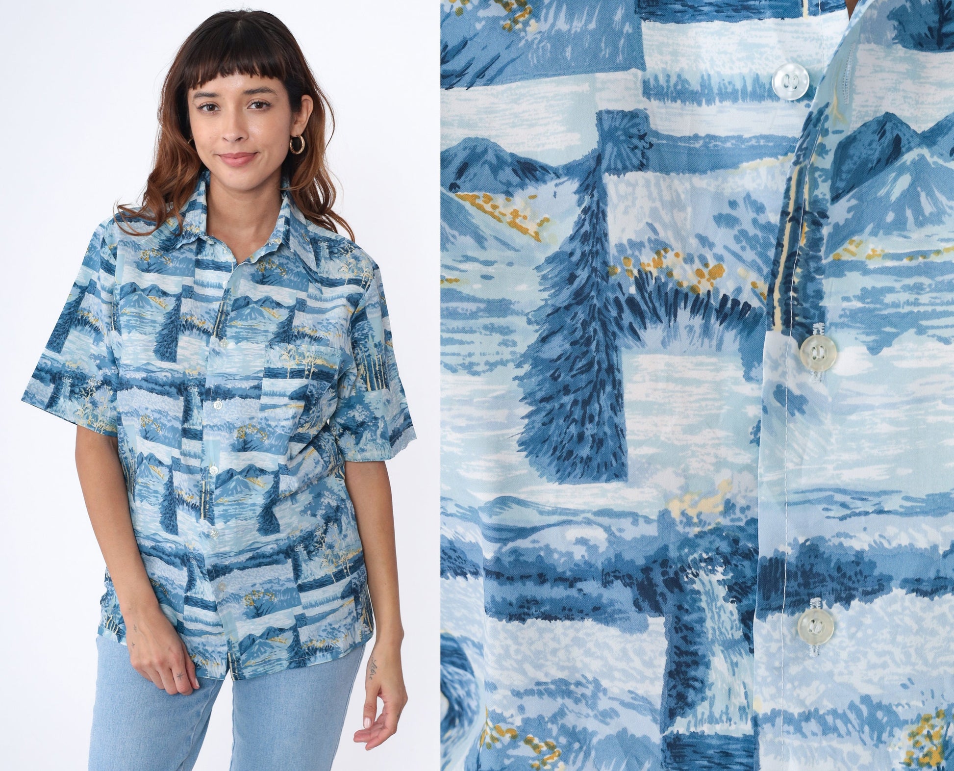 70s Nature Print Button-Up Shirt Trees Mountains Blue Short Sleeve Men's Medium