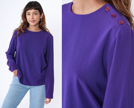 90s Purple Blouse Shoulder Button Long Sleeve Pullover Top Extra Large
