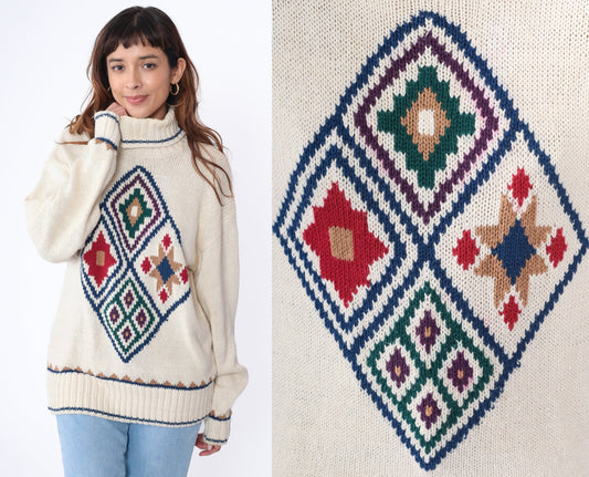 90s Liz Claiborne Geometric Turtleneck Sweater Off-White Jacquard Knit Medium