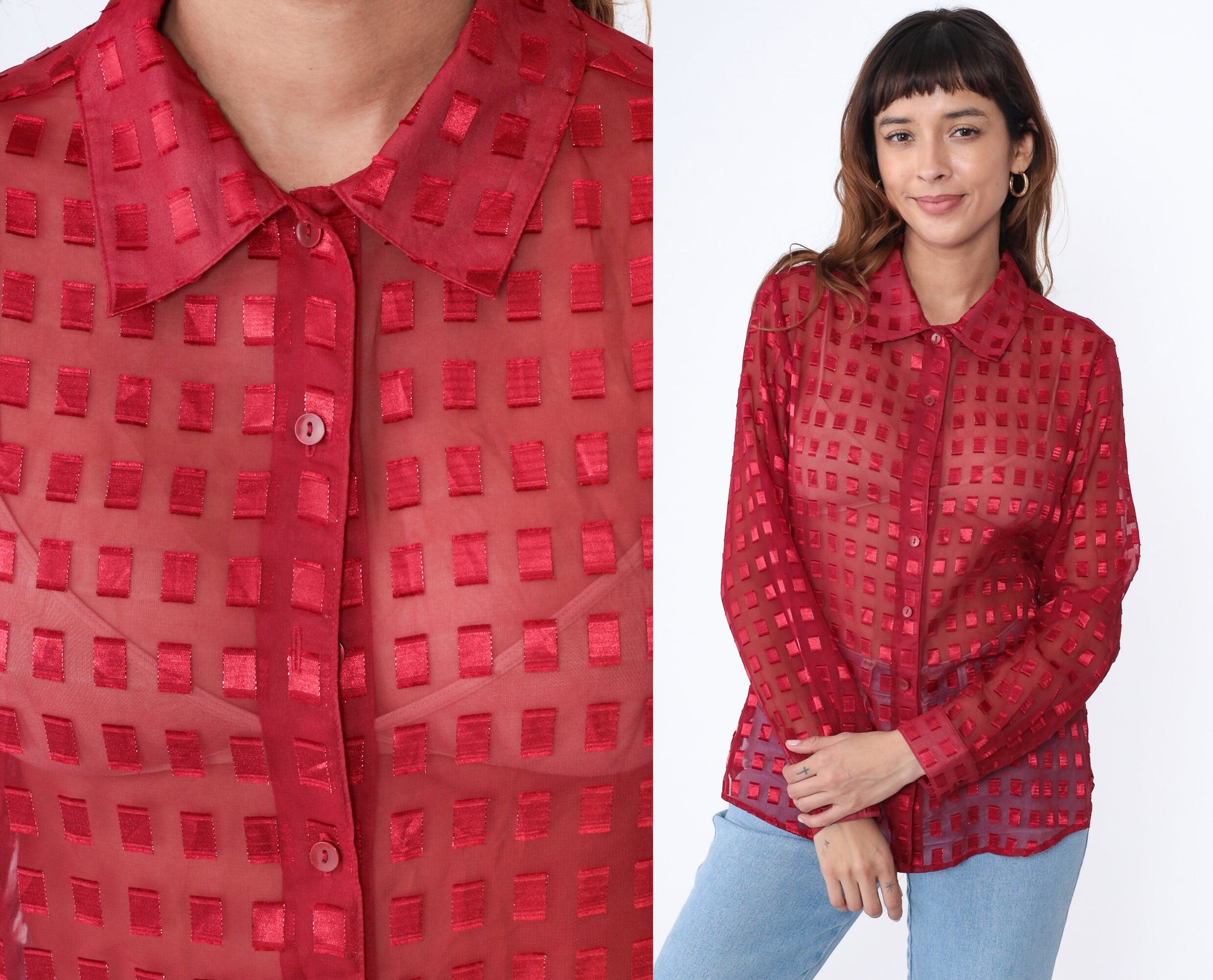 90s Red Metallic Grid Chiffon Button Up Blouse Long Sleeve Medium