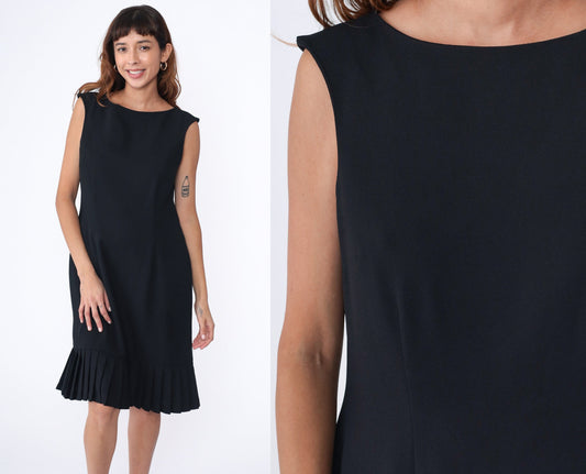 Y2K Black Sheath Dress Drop Waist Pleated Sleeveless Mini Large 12