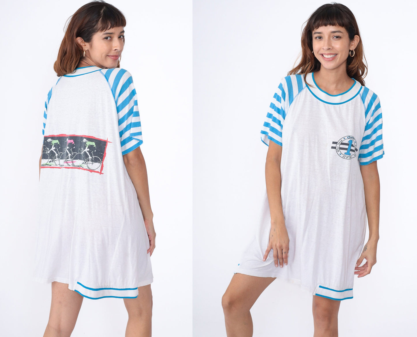 90s Candie's New York Cycling Team Pajama Dress Mini White Striped Raglan