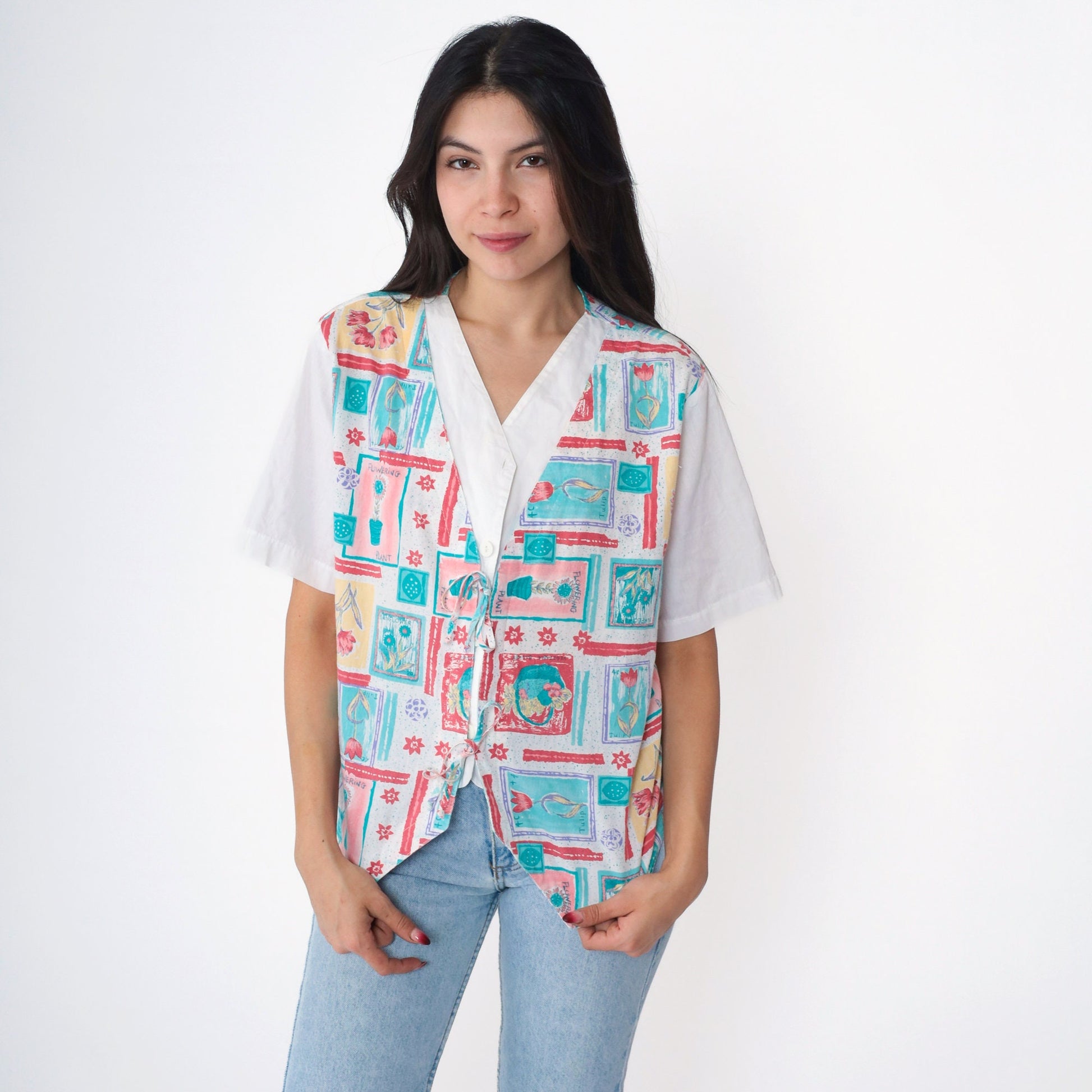 90s Floral Garden Print Button Up Blouse White Attached Vest Medium
