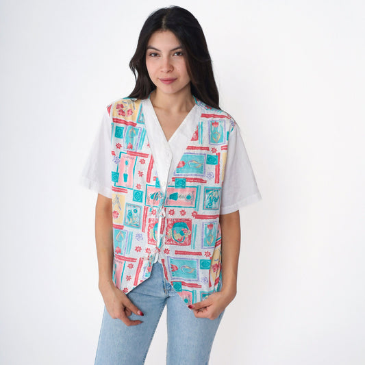 90s Floral Garden Print Button Up Blouse White Attached Vest Medium