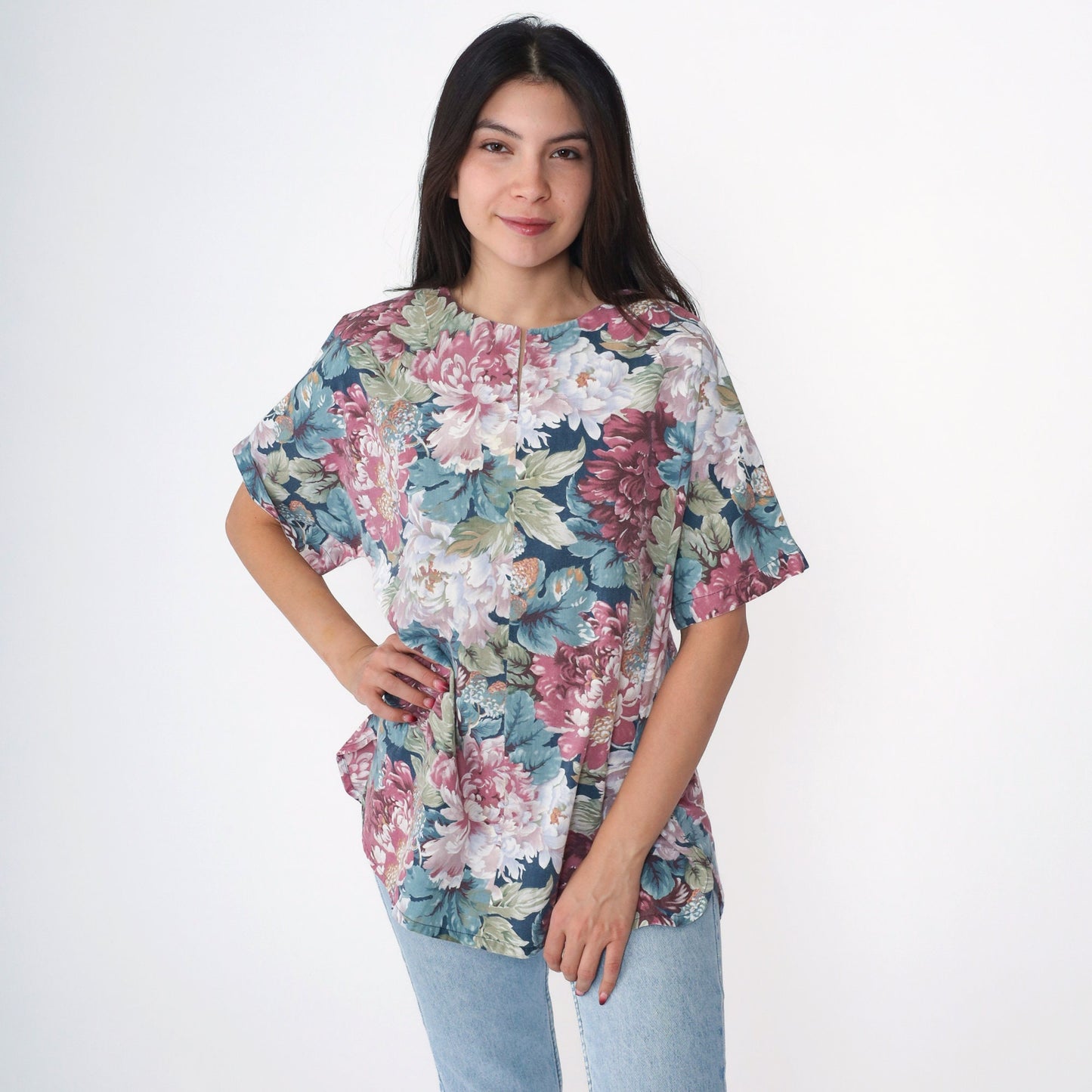 90s Floral Blouse Short Sleeve Slit Neckline Blue Purple Pink Medium Large