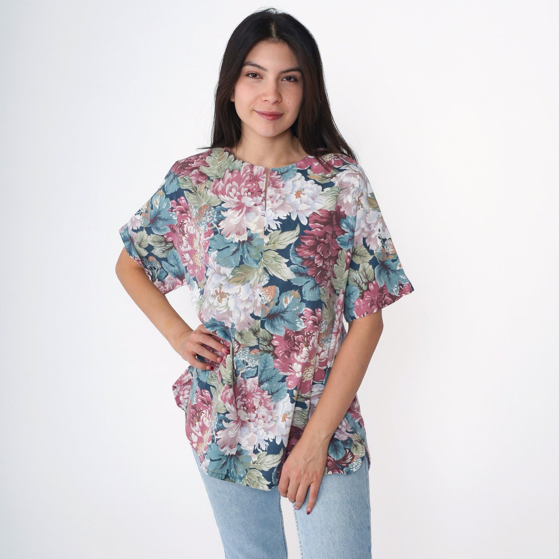 90s Floral Blouse Short Sleeve Slit Neckline Blue Purple Pink Medium Large