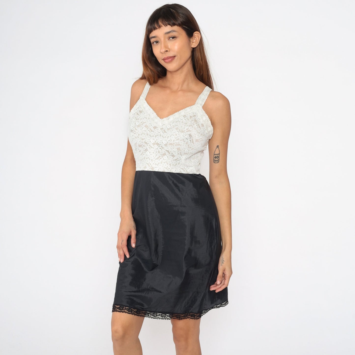 80s Black White Lace Slip Dress Sweetheart Neckline Mini Lingerie Medium