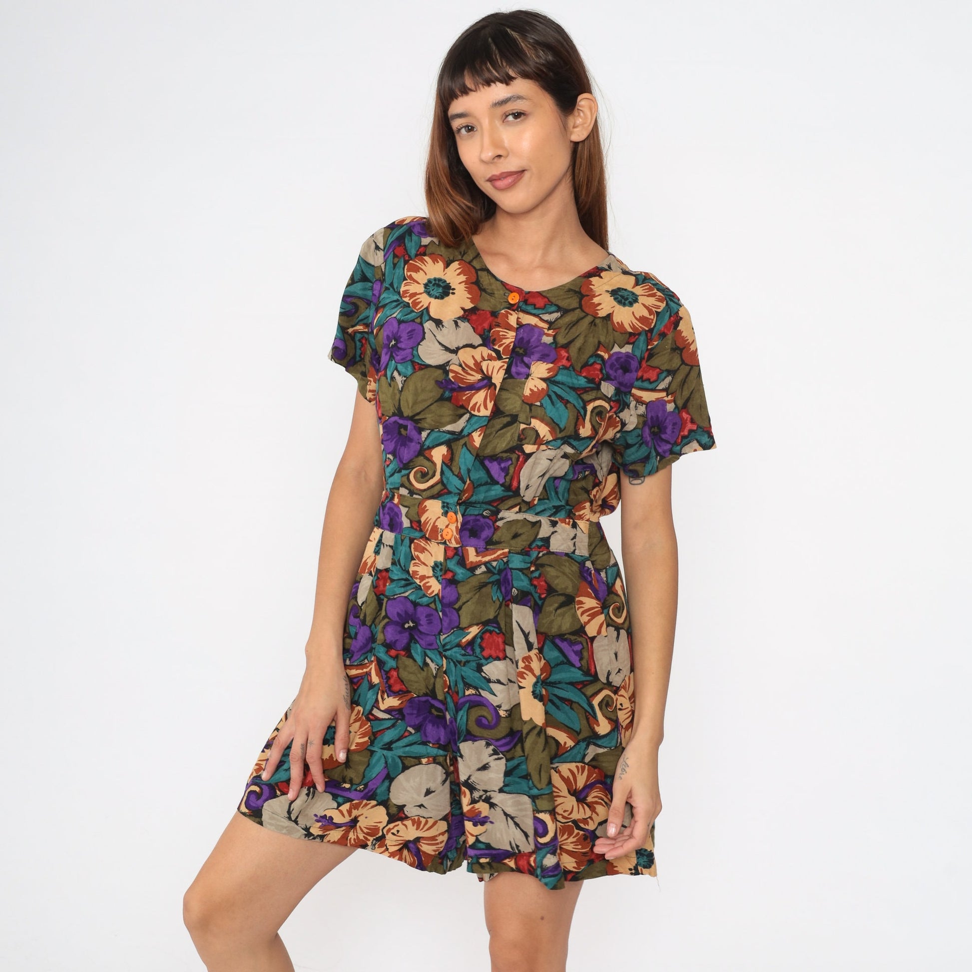 90s Tropical Floral Rayon Romper Wide Leg Shorts Button Up Medium