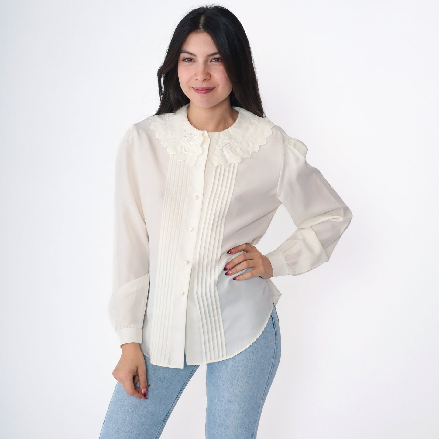80s Peter Pan Collar Blouse Cream Button Up Floral Embroidery Puff Sleeve Medium Large