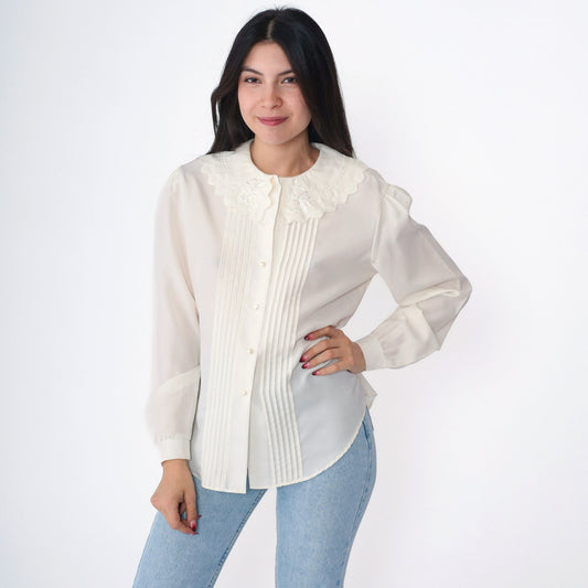 80s Peter Pan Collar Blouse Cream Button Up Floral Embroidery Puff Sleeve Medium Large