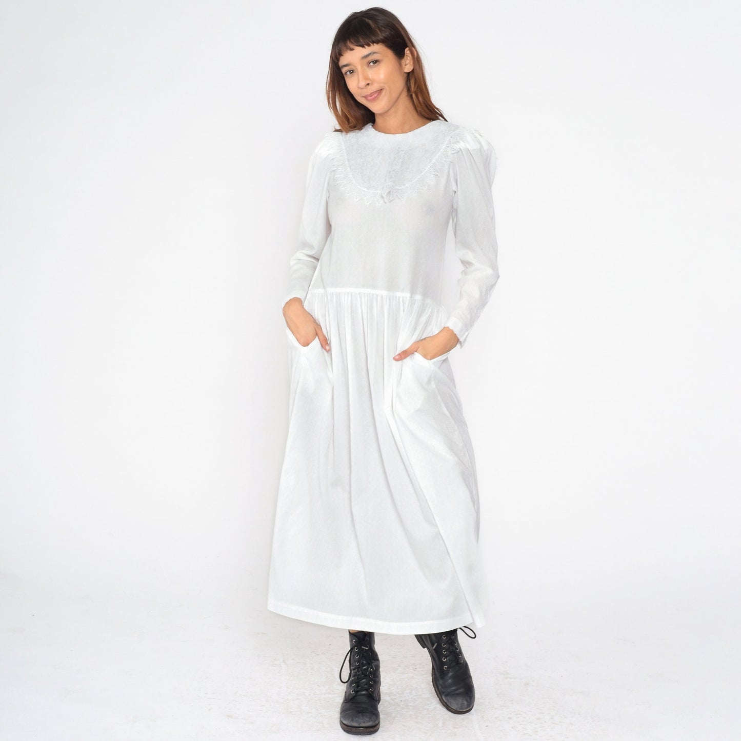 80s White Polka Dot Midi Dress Puff Sleeve Lace Bib Low Waist Small