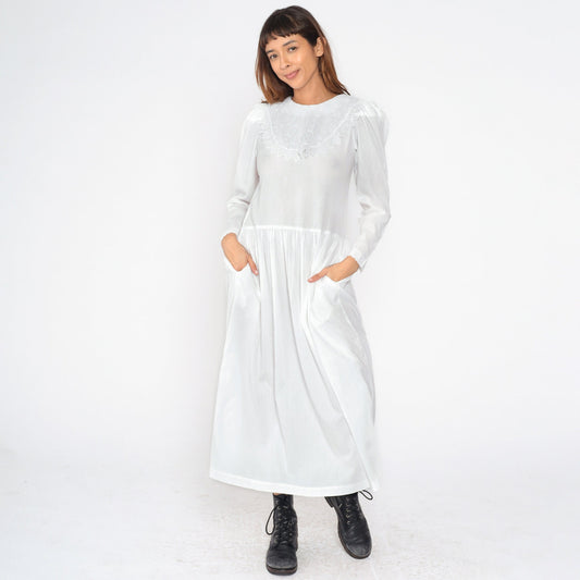 80s White Polka Dot Midi Dress Puff Sleeve Lace Bib Low Waist Small