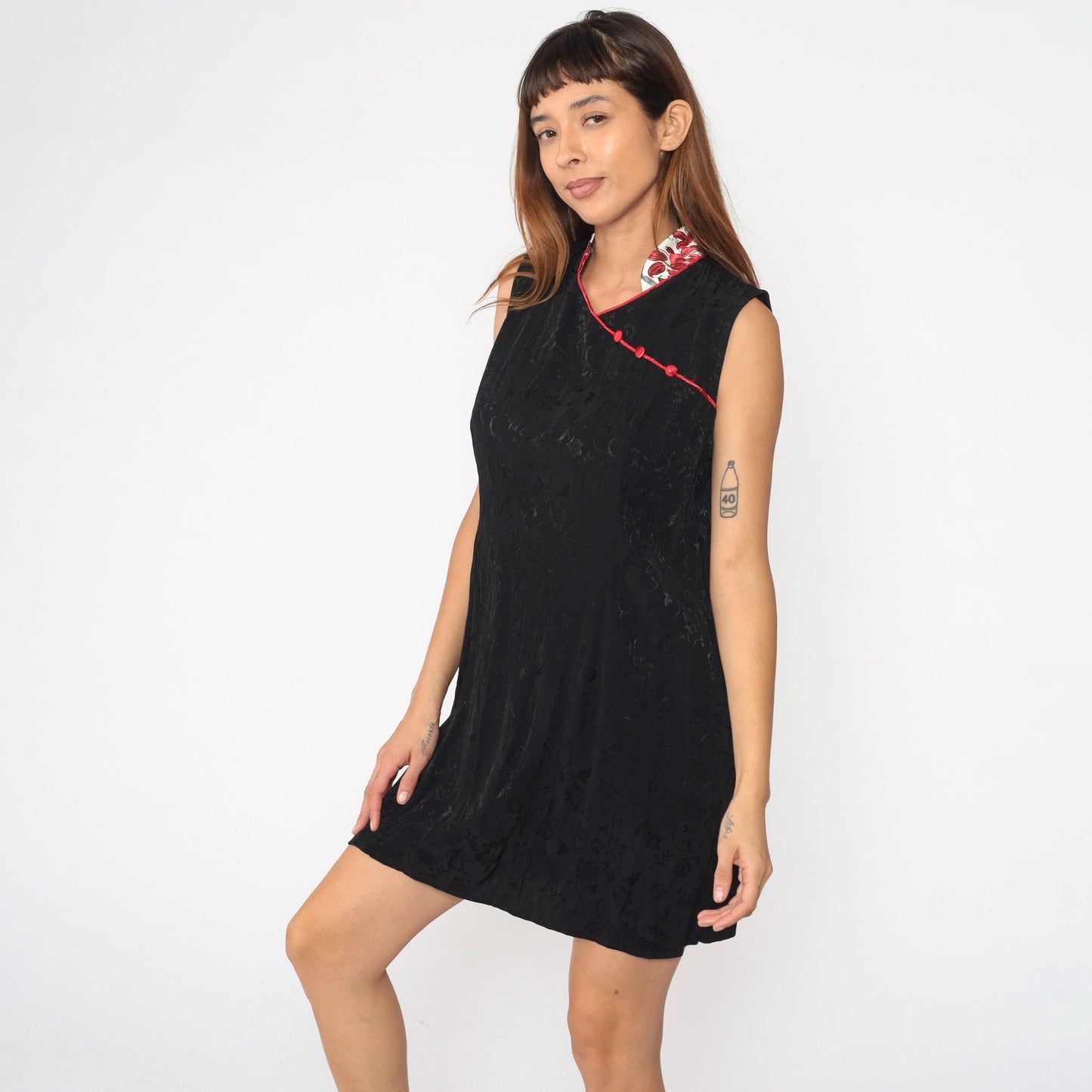 90s Black Floral Embossed Cheongsam Mini Dress Mandarin Collar Large