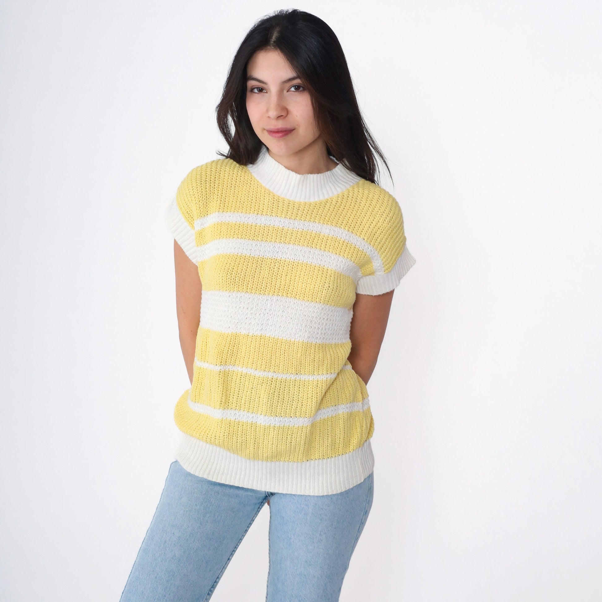 80s Yellow White Striped Knit Shirt Mock Neck Short Sleeve Small