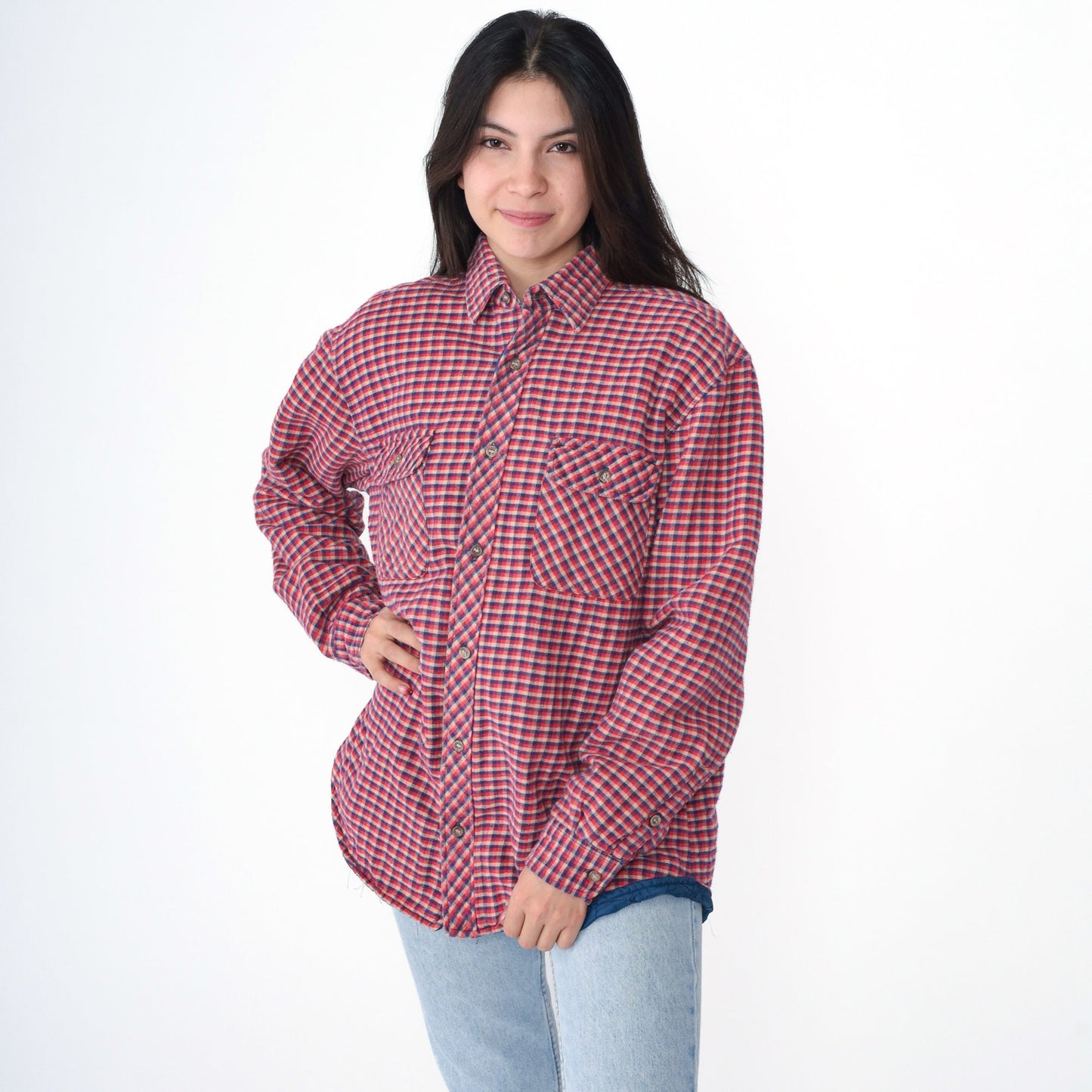 90s Red Plaid Quilted CPO Jacket Button-Up Blue Tan Checkered Large