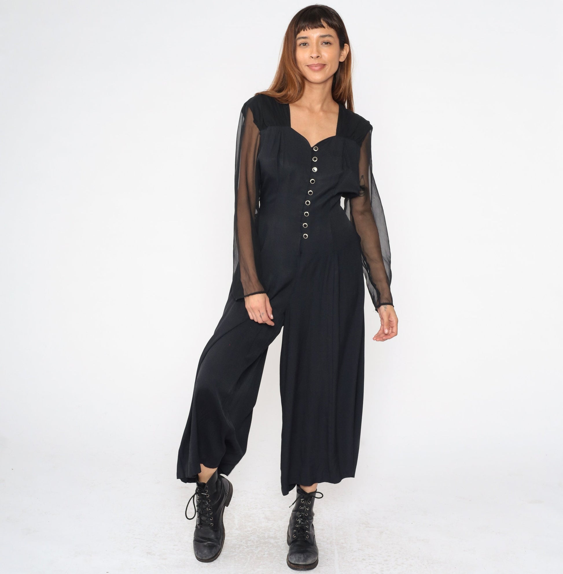 90s Black Wide Leg Jumpsuit Chiffon Sleeve Sweetheart Neckline Large 12