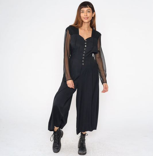 90s Black Wide Leg Jumpsuit Chiffon Sleeve Sweetheart Neckline Large 12
